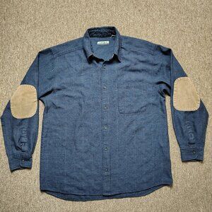 FIRETHORN SILVER Shirt Men L Blue Wool Blend Button Up Leather Elbow Pads Trim